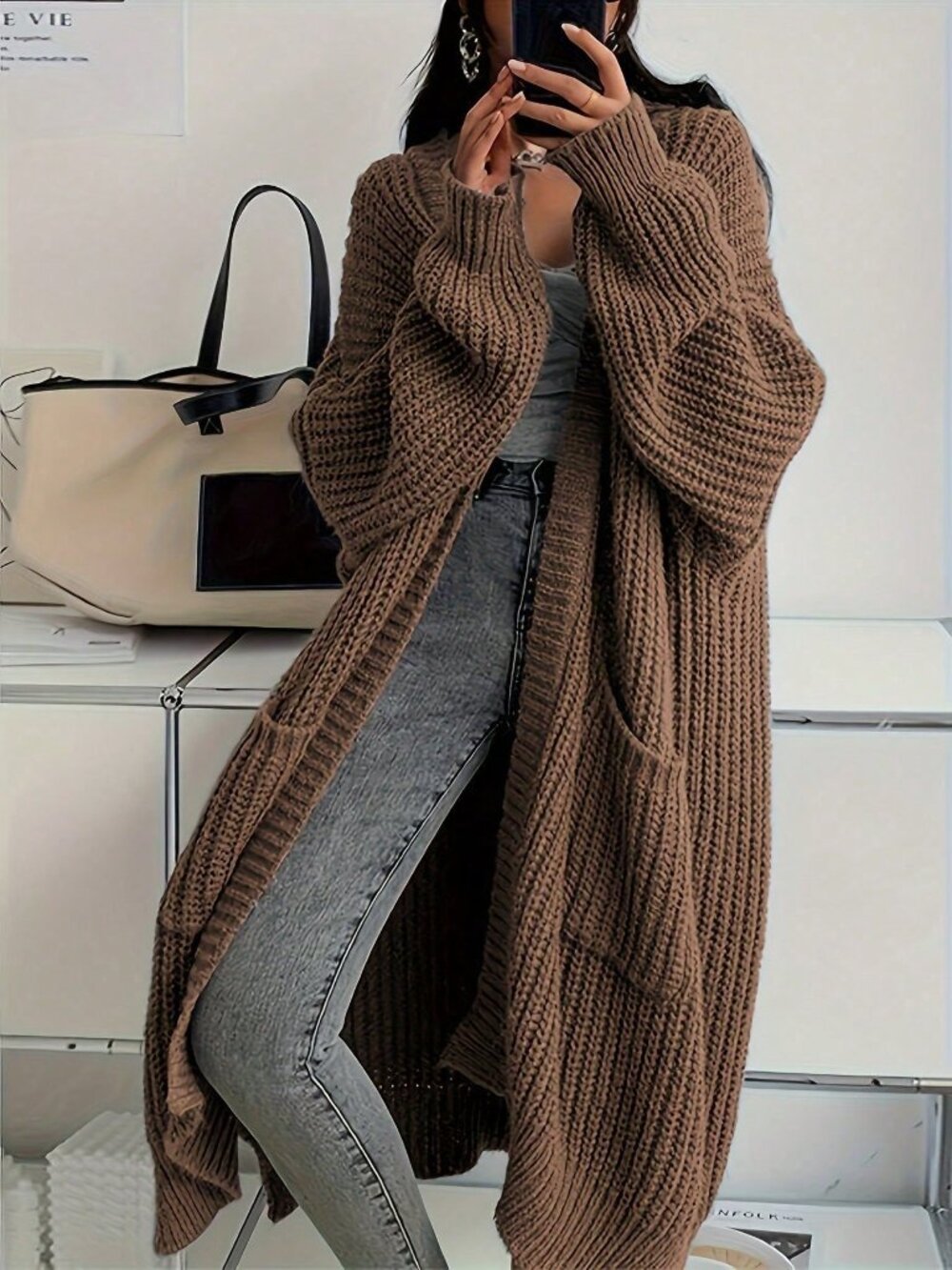 Brown Casual Women's Elegant Knit Long Cardigan